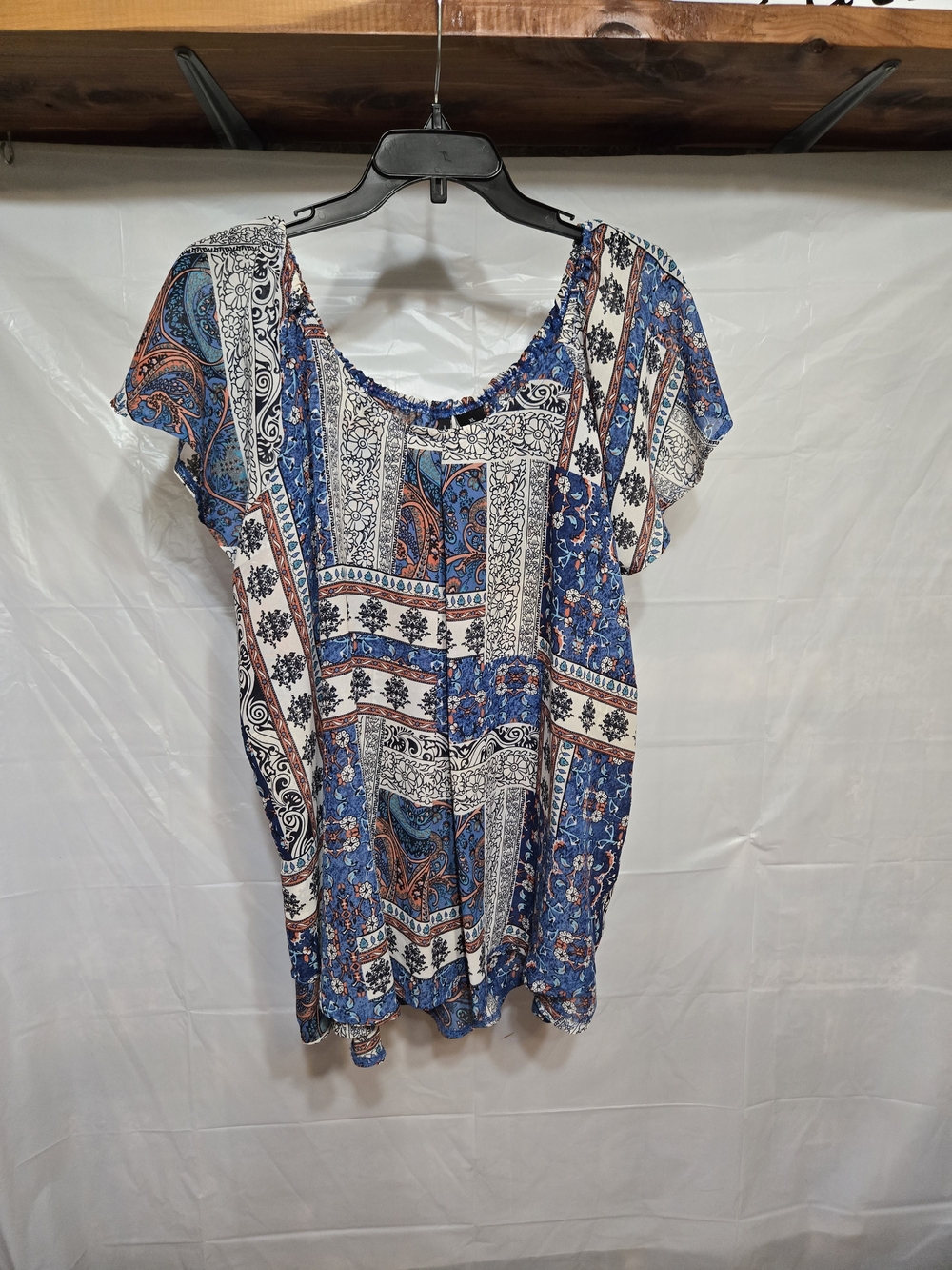New Directions Blue Multi-Print Short Sleeve Blouse